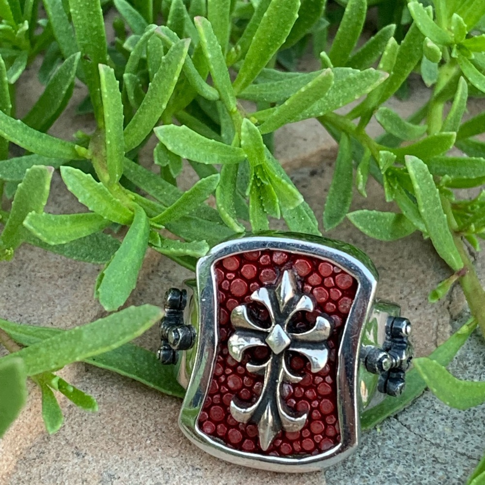 Alan K Cross on Red Stingray with Swords 🗡 on Sides Sterling Silver Ring